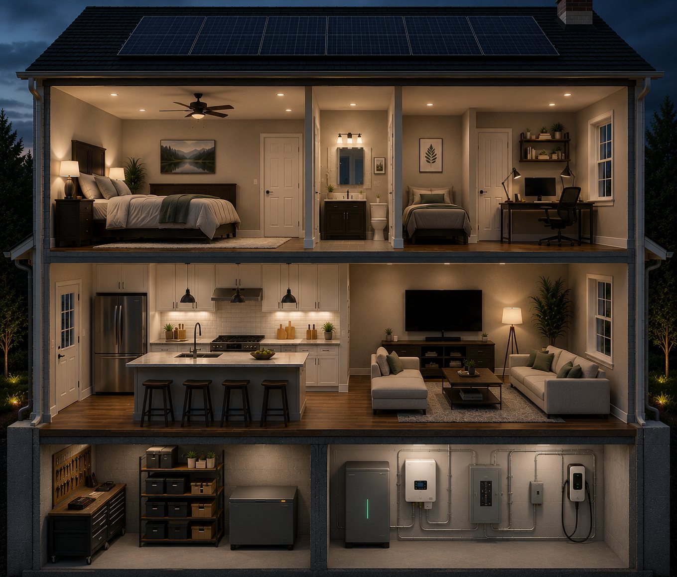 Cutaway home at night showing every room and its mechanical systems